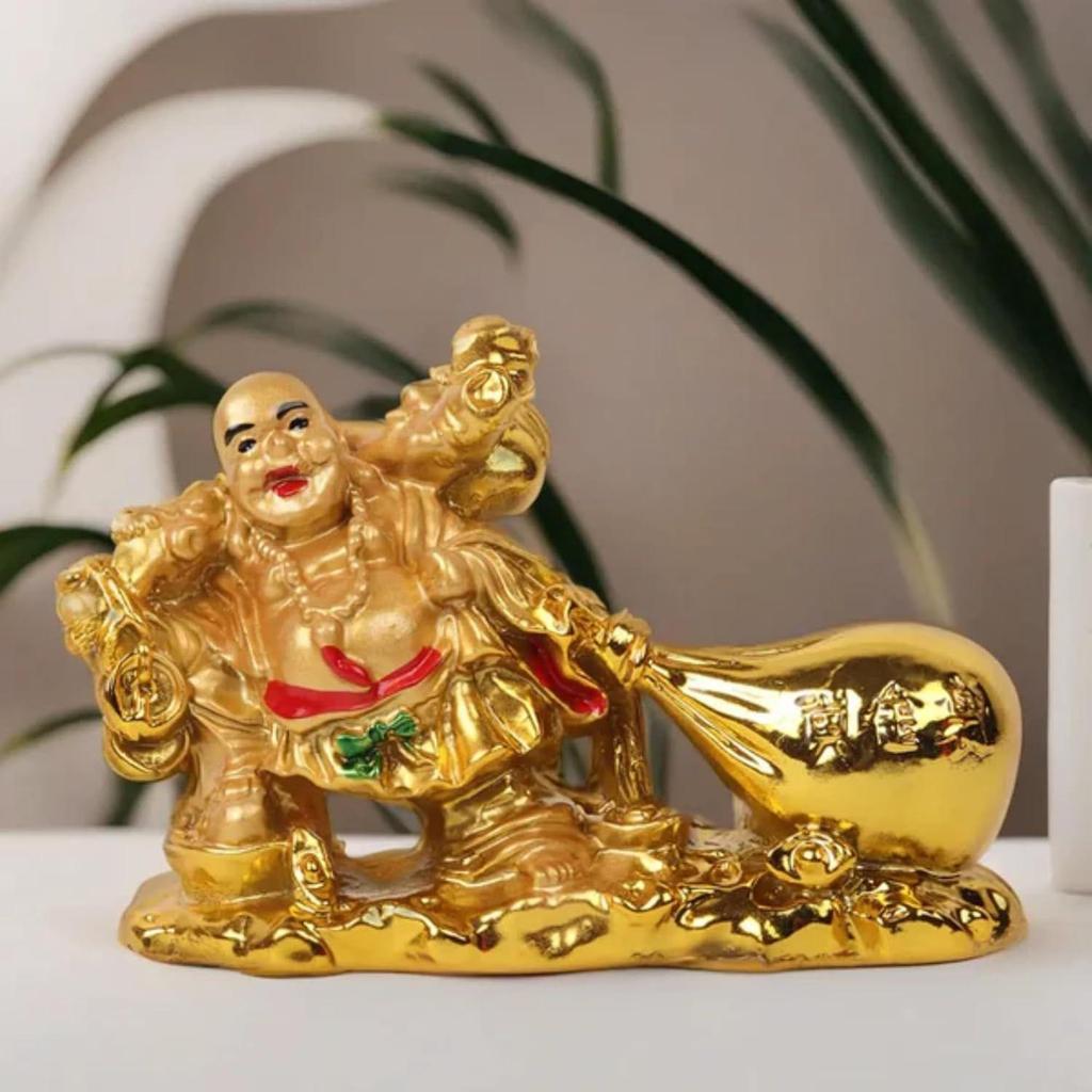 Kunstharz Vastu Feng Shui Lachender Buddha mit Geldsack für Reichtum und Geschäft, Dekorative Schaufigur für Zuhause, Geschäft und Armaturenbrett