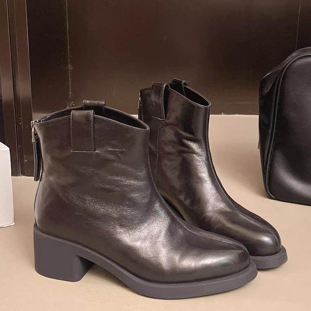 Leather cowhide western cowboy boots women's short boots thick heel new velvet Martin boots