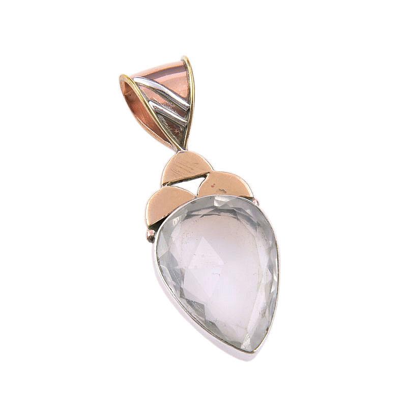 Natural Crystal Quartz 925 Solid Sterling Silver Gift TwoTone Pendant 1.50" G4h64