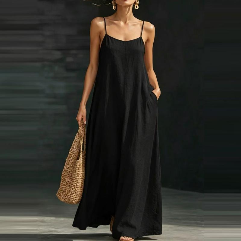 Damen Maxikleid Lockere Passform Ärmellos Langes Sommerkleid mit Spaghettiträgern und Taschen für Strandurlaub XL schwarz
