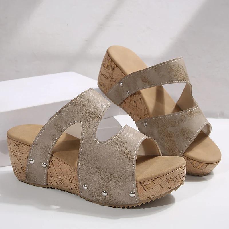 

Fashion Plus Size 36-43 Chunky Platform Sandals Women 2025 Open Toe Summer Wedge Slippers Woman Rivets Decor Thick Bottom Slides Female 43 хаки