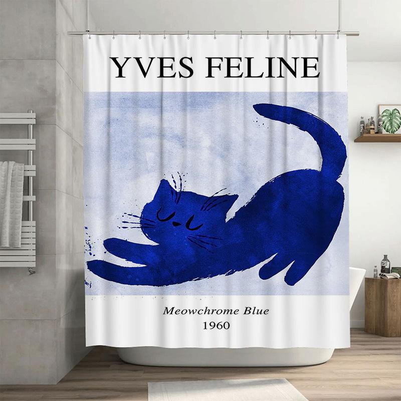 

Luxury Blue Cat Shower Curtain Vintage Yves Feline Design 1960 Meowchrome Waterproof Fabric Decor For Bathroom Perfect Gift Idea W60H190(CM)-1 Pcs
