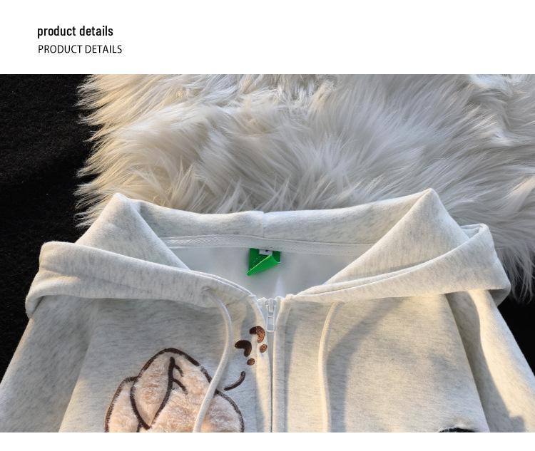 American Vintage Cartoon Embroidered Short-Sleeve Hooded Sweatshirt - Loose Fit for Spring and Autumn