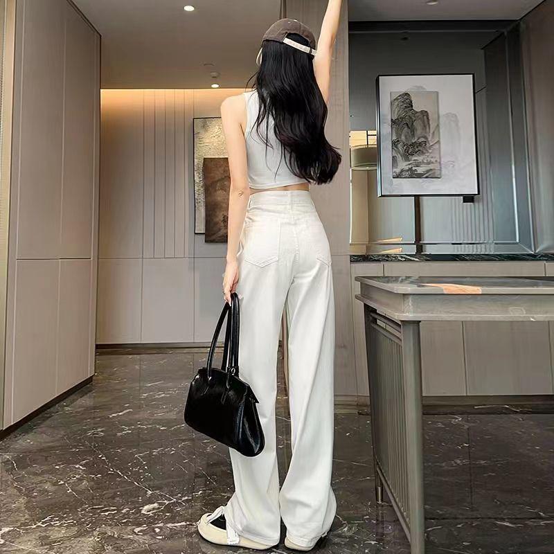Women's White High-Waisted Wide-Leg Jeans - Slimming, Floor-Length, Versatile, Autumn Wear
