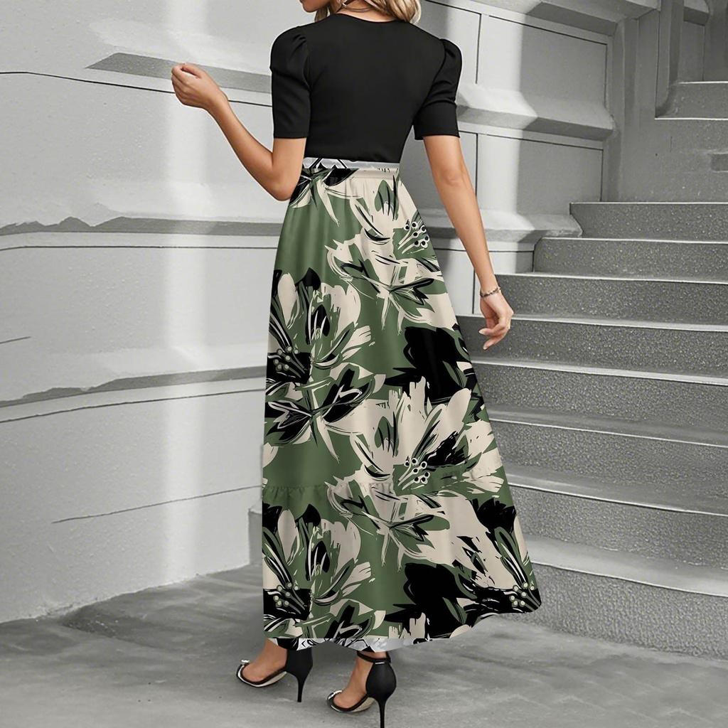 Women's Fashion Casual Belted Round Neck Short Sleeve Floral Patchwork Elegant Dresses