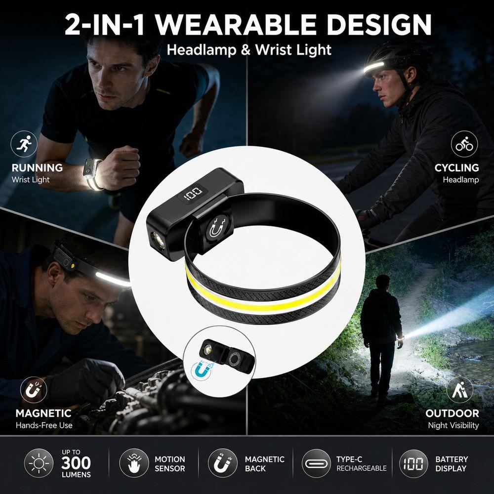 Motion Sensor Magnetic LED Headlamp Wave Sensing Rechargeable Cycling Light  For Runners