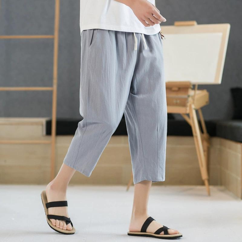 Shorts Men's Summer Outerwear Thin Cotton Straight Leg Knee High Mid Length Pants Trendy Loose Linen Casual Cropped Pants
