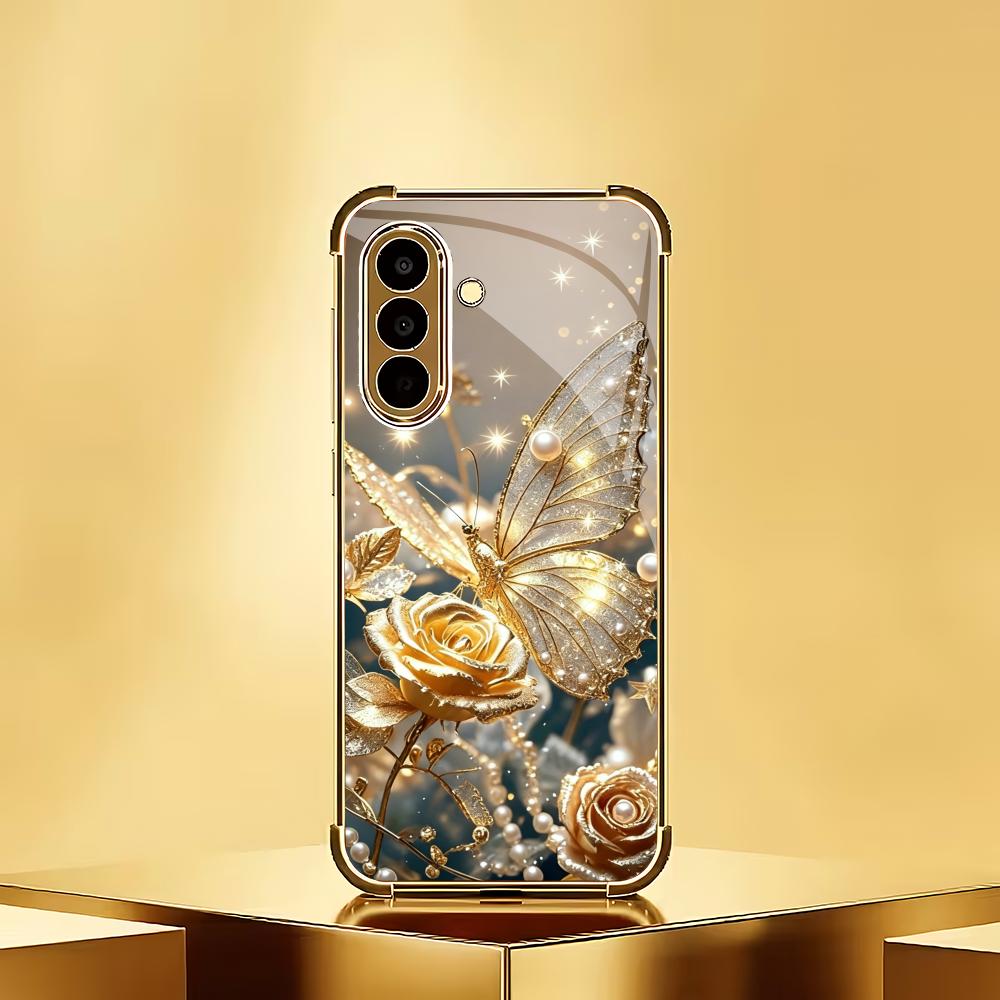 Butterfly Flower Electroplated Glass Phone Case Suitable for Samsung Galaxy S26 S25 S24 S23 S22 S20 FE/Ultra/Plus Anti Drop