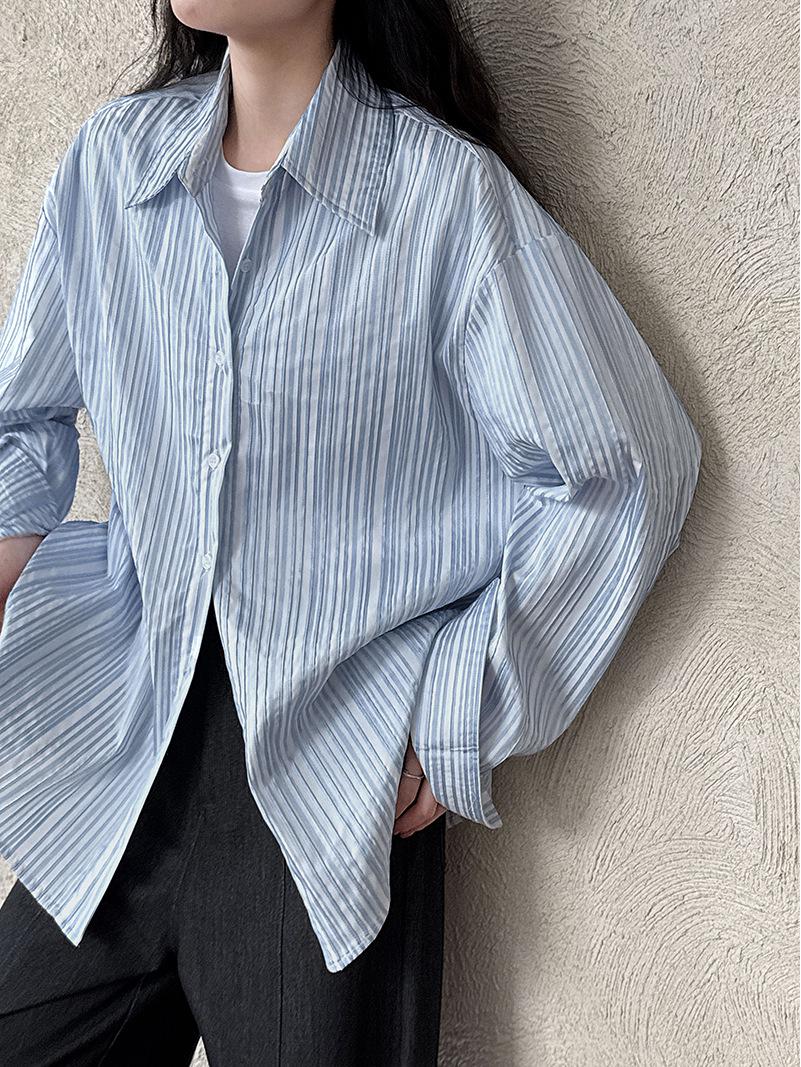 LUXI Women s Korean Style Textured Stripe Shirt - 2025 Autumn Collection, Relaxed Fit Jacket M