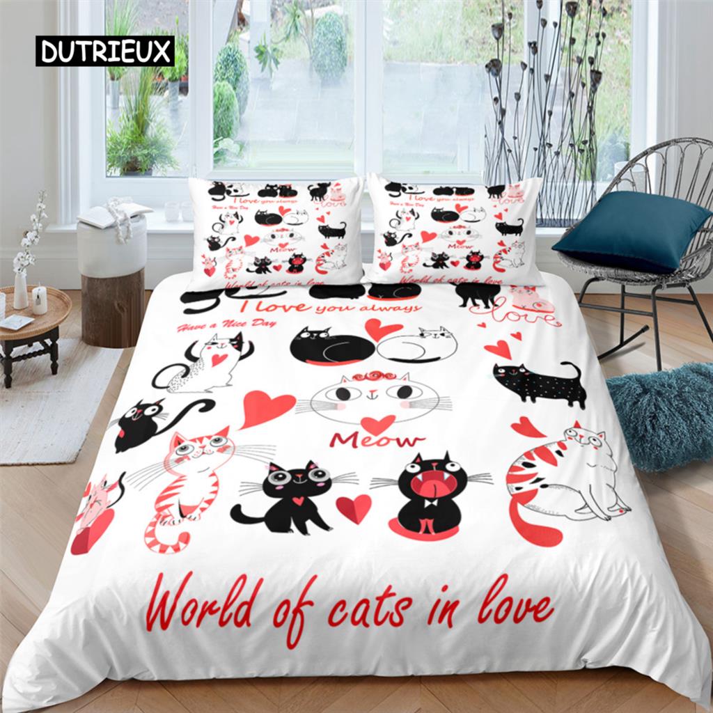 Home Textile Cartoons Cute Cat Quilt Cover Duvet Cover Pillow Case Boy Girl 2/3Pcs Polyester Bedding Set King Queen Twin Size