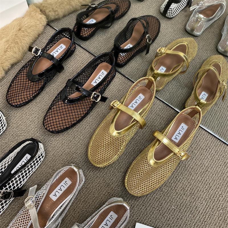 Round head hollow one-word buckle single shoes women's 2025 spring new ins fashion sparkling flat Mary Jane shoes fishing net