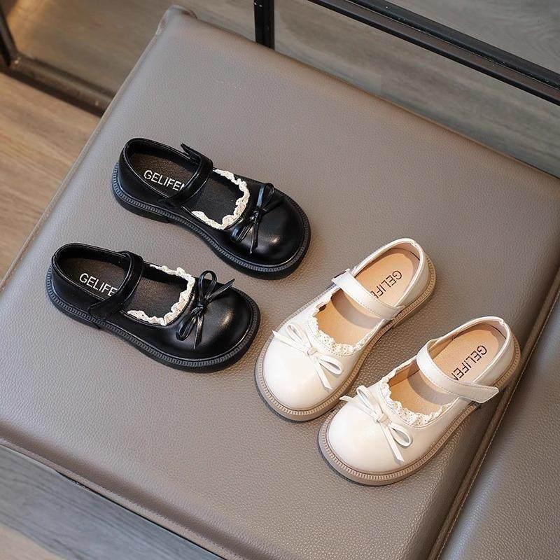 Girls' Lace Trim Bow Leather Mary Jane Shoes - Soft Sole Stylish Princess Shoes for Spring/Autumn 2025