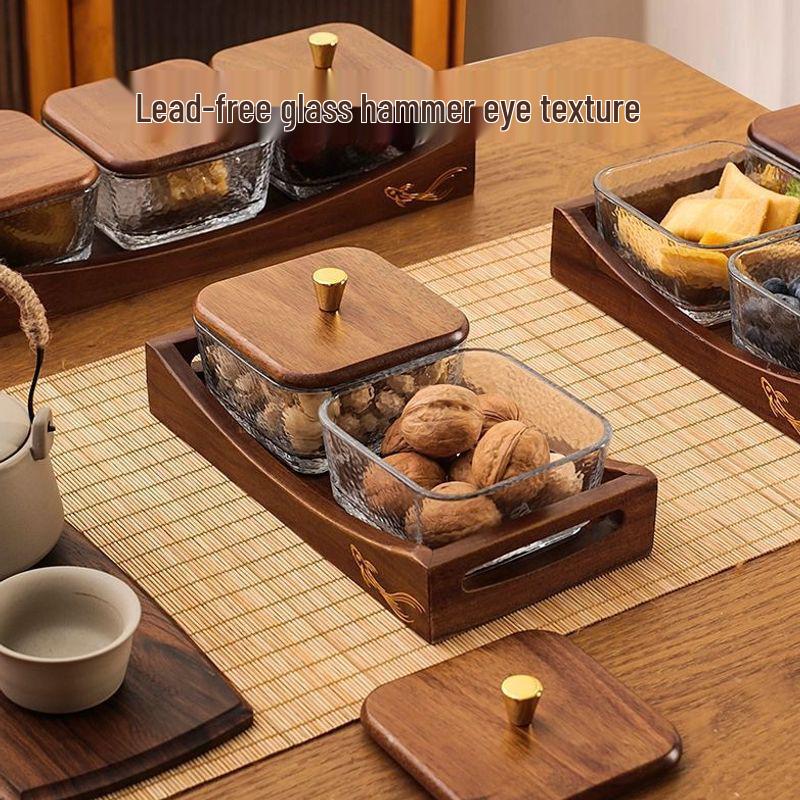 Luxury Glass Walnut Fruit & Snack Plate with Candy Compartments for Living Room Coffee Table