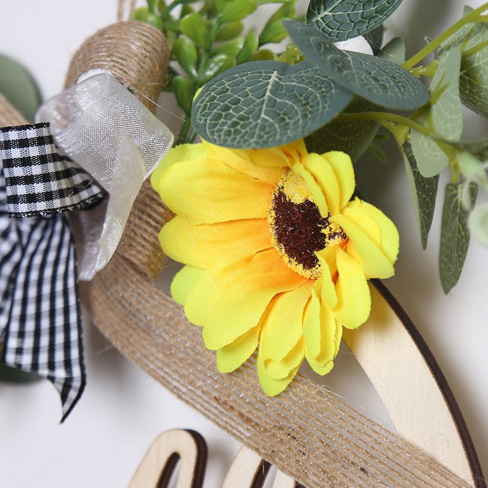 Round Outdoor Hanging Ornament Wooden Pendant Welcome/hello Sign Wreath Set With Bow Home Decoration