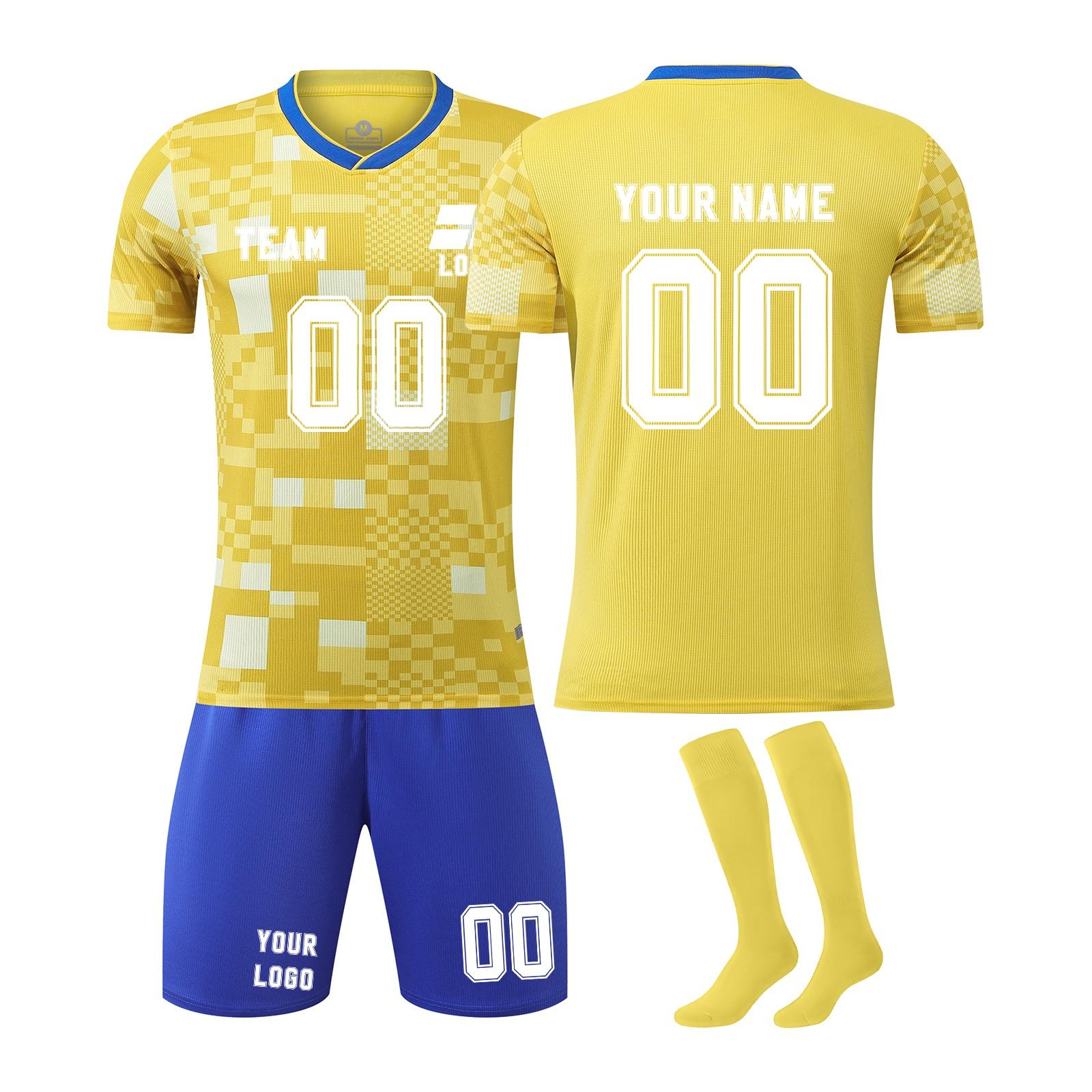 

Men’s Short Sleeve Soccer Jersey Set with Geometric Print V Neck Shirt Athletic Shorts and Socks for Sports Teams XS жовтий