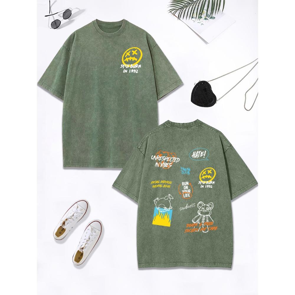 Little Bear Text Graffiti Prints Washed T-Shirt Women Cotton Oversized Tops Comfortable Distressed O-Neck T Shirt Clothes