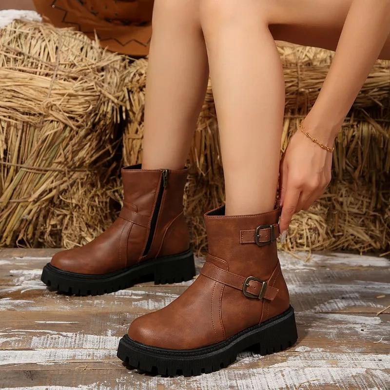 Women's Thick Soled Flat Motorcycle Boots  New Hot Selling Fashion Classic Retro Zipper Ankle Shoes New Walking Zapatos