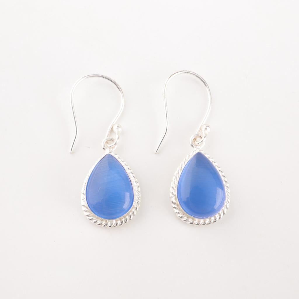 Dark Blue Cat's Eye Gemstone 925 Stamped Silver Jewelry Handmade Earrings 1.40" EE-9-45