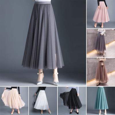 Women Midi Skirt Elastic High Waist Long Skirt with Solid Mesh Hem Solid Color A-Line Skirt Daily Wear