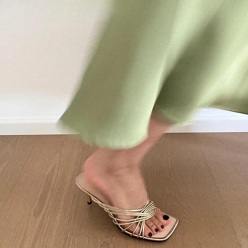 2025 New Summer Concise Narrow Band Women Slippers Fashion Thin Heels Party Pumps Mules Slide Shoes