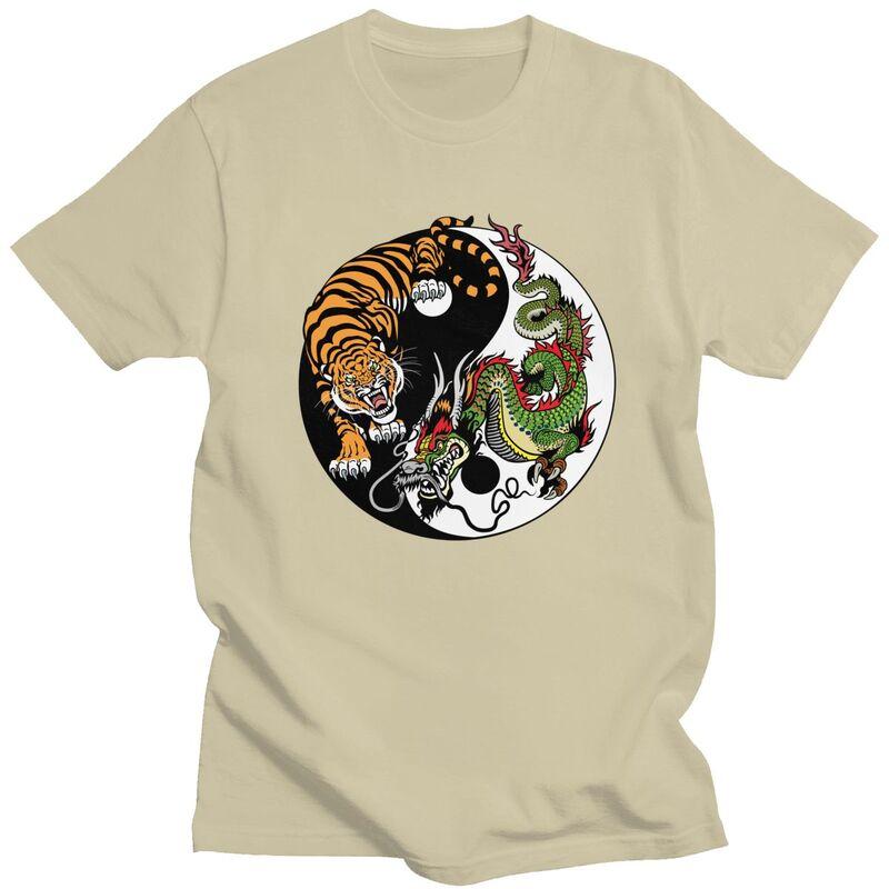 Custom Male Dragon And Tiger Yin Yang Symbol T Shirts Short Sleeve Cotton Tshirt Leisure Tees Slim Fit Clothes