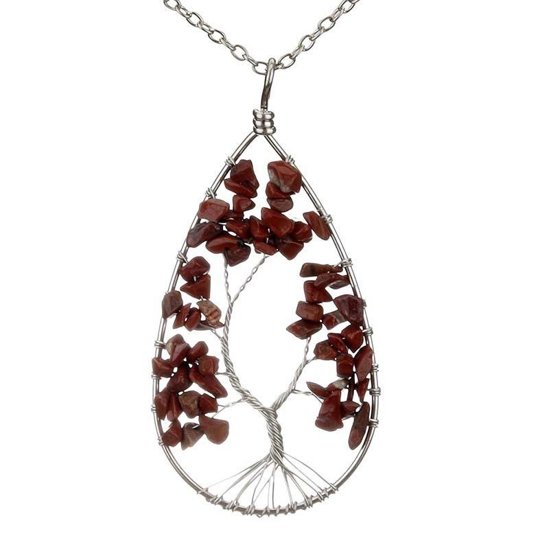 Silver Tree of Life Necklace with Seven-Color Natural Stone and Crystal Water Drop Pendant