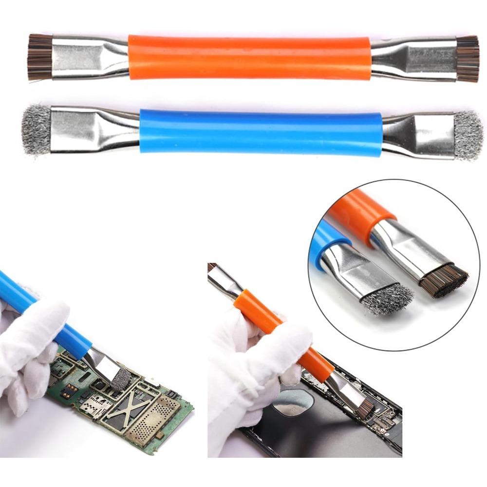 Anti-Static Double-Ended Brush, Pig Bristle & Steel Wire Combo for PCB Soldering, IC Chip and Motherboard Cleaning