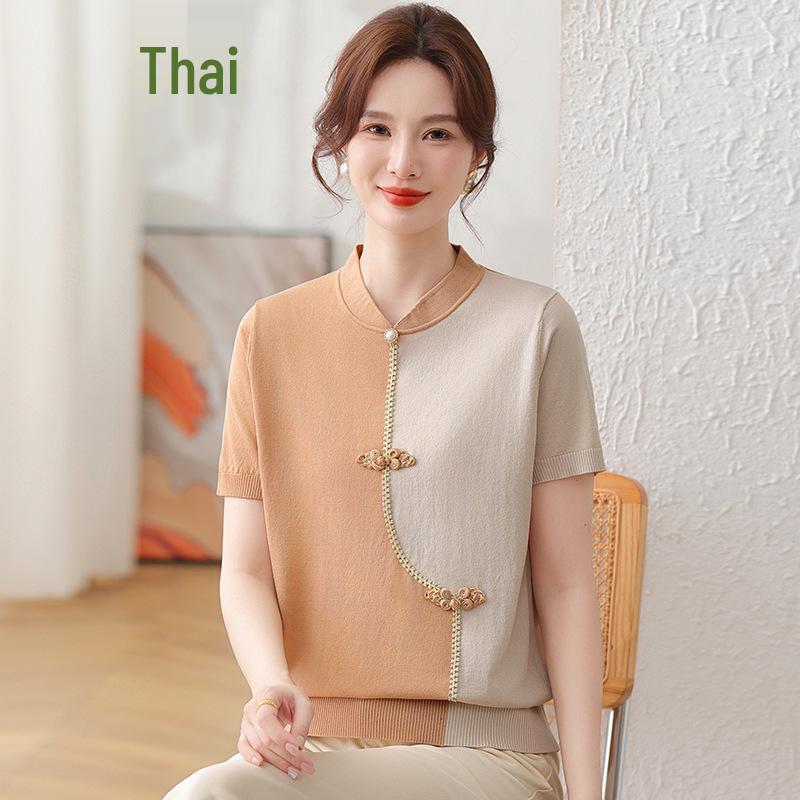 

2026 Chinese Style Ice Silk Short-Sleeve T-Shirt for Moms - Stylish Summer Blouse for Middle-Aged and Elderly Women 4XL (recommended for 135-150 jin) оранжевый