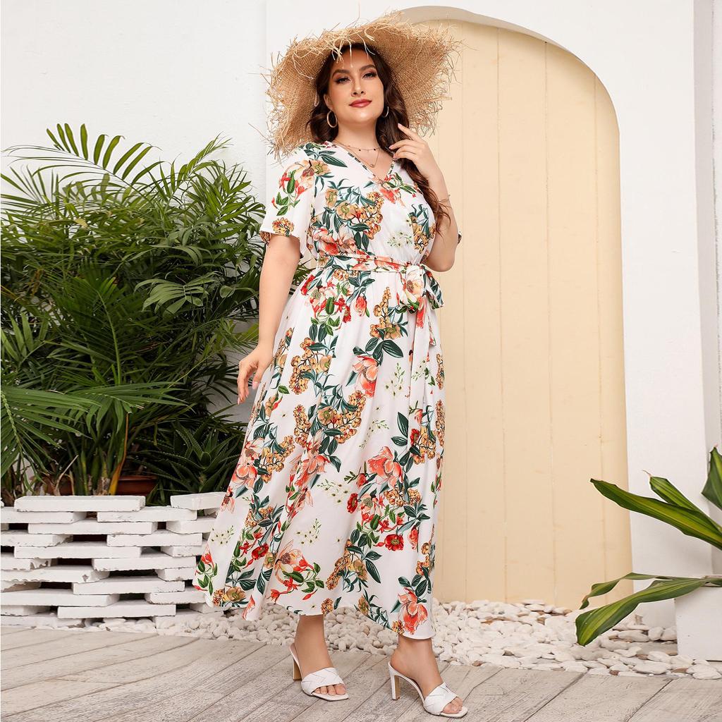 Summer Women's Dress Short Sleeve High Waist V-neck MIDI Dress Plus Size Temperament Printed Sexy Dress