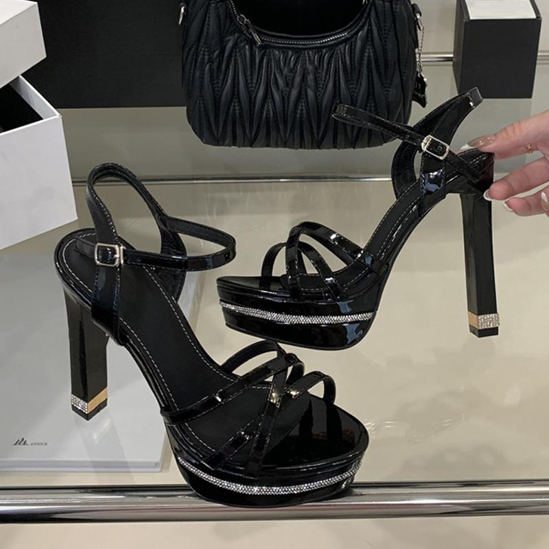 Fashion Liyke New Design Crystal Square High Heel Fetish Sandal Rhinestone Platform Open Toe Buckle Strap Party Dress Shoe Women Apricot