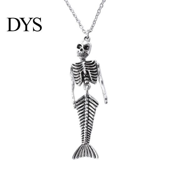 Mysterious Oceanic Gothic Pendant Skull Mermaid Skeleton Necklace, Dark Fantasy Jewelry Edgy Style Accessories for Women, Creative Spooky Accessory,