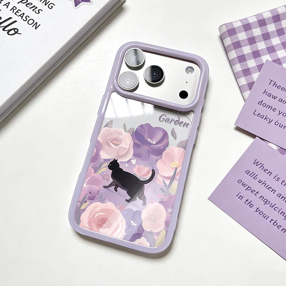 

Purple Flower Black Cat Clear Drop-proof Phone Case for iPhone 14/15/16/17Promax - ins Style iPhone 11