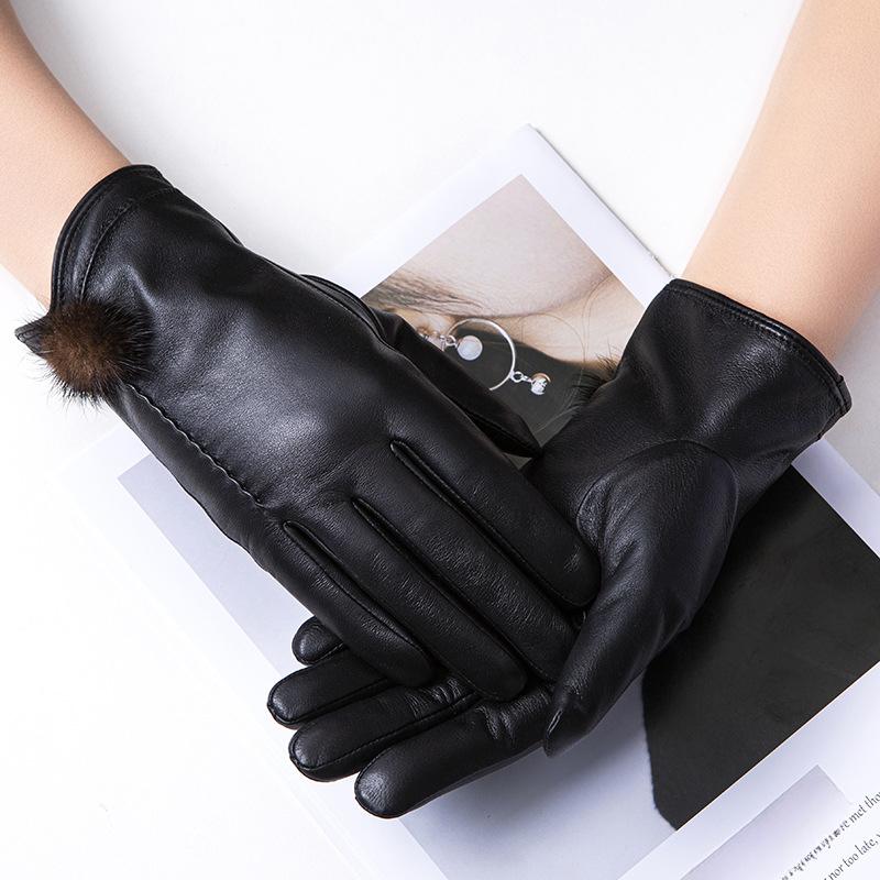 Ladies' Genuine Leather Gloves Made of Genuine Sheepskin with Fleece and Thickened  Windproof and Cold Proof  Winter Cycling Warm Gloves