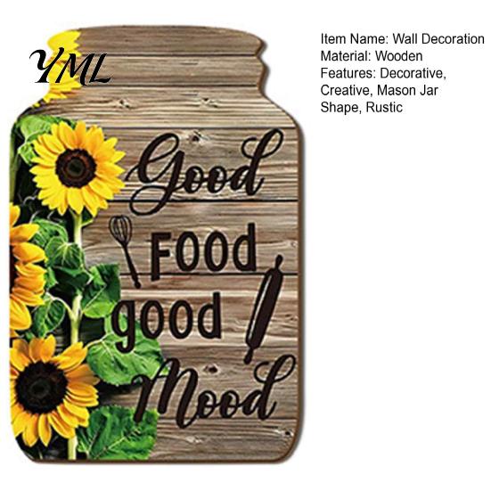 Decorative Signs for Kitchen Mason Jar Shape Wall Decoration, Wooden Art with Sunflower Print, Hanging Plaques Retro Rustic Decor Farmhouse
