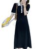 POLO Neck Bubble Sleeve Dress Women's Summer Waist Thin Korean Casual Sports Style Long Dress Gray A-shaped Skirt
