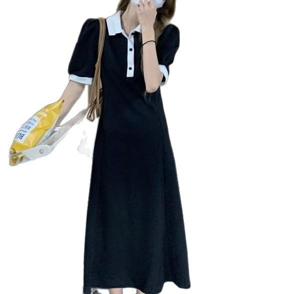 POLO Neck Bubble Sleeve Dress Women's Summer Waist Thin Korean Casual Sports Style Long Dress Gray A-shaped Skirt