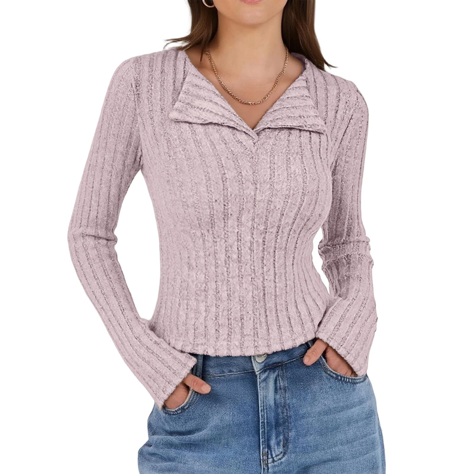 Women s Fashion V Neck Long Sleeve Ribbed Elegant Commuting And Casual Top S