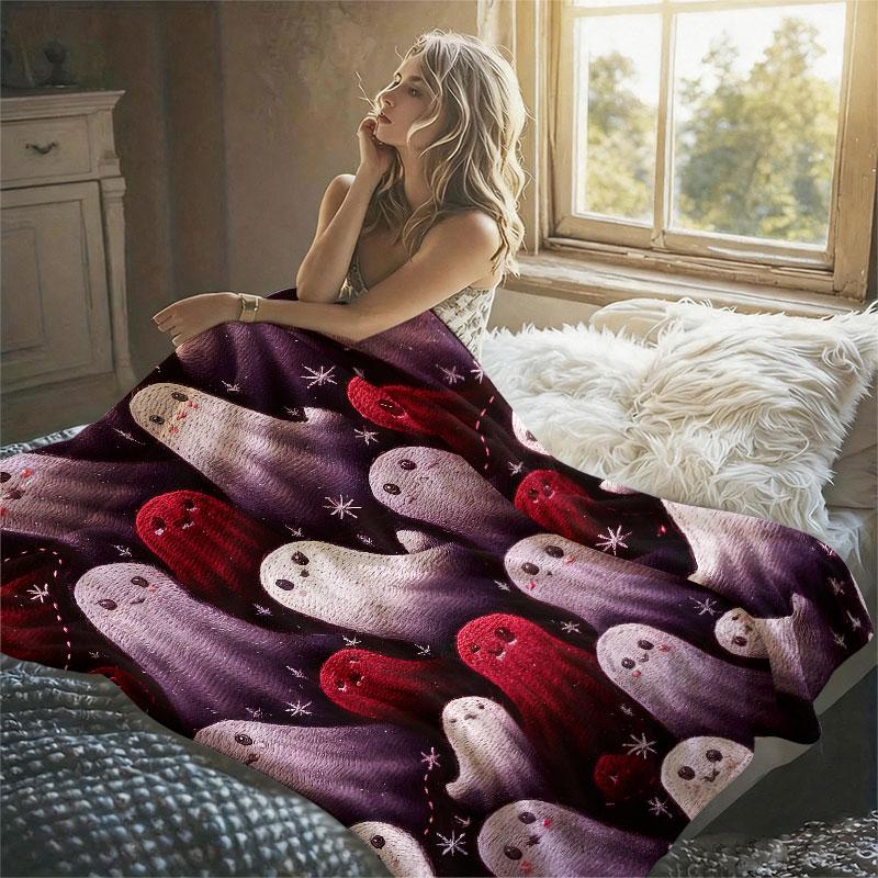 Cute Ghost Embroidery Flannel Blanket Warm Soft Halloween Christmas Decorative Couch Warm Cozy All-Season Gift