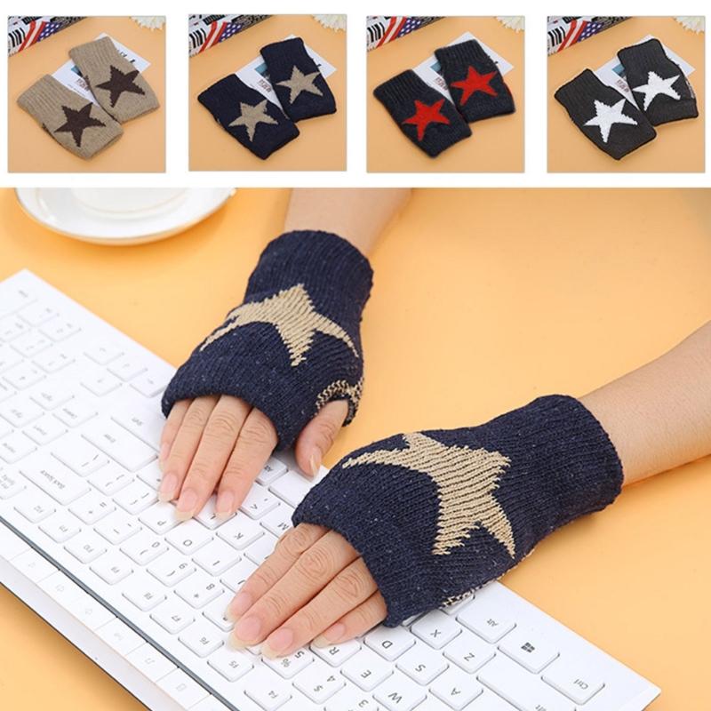 Knitted Gloves for Adult Touch Screen Mittens Male Female Winter Gloves with Pentagram Pattern Fingerless Gloves