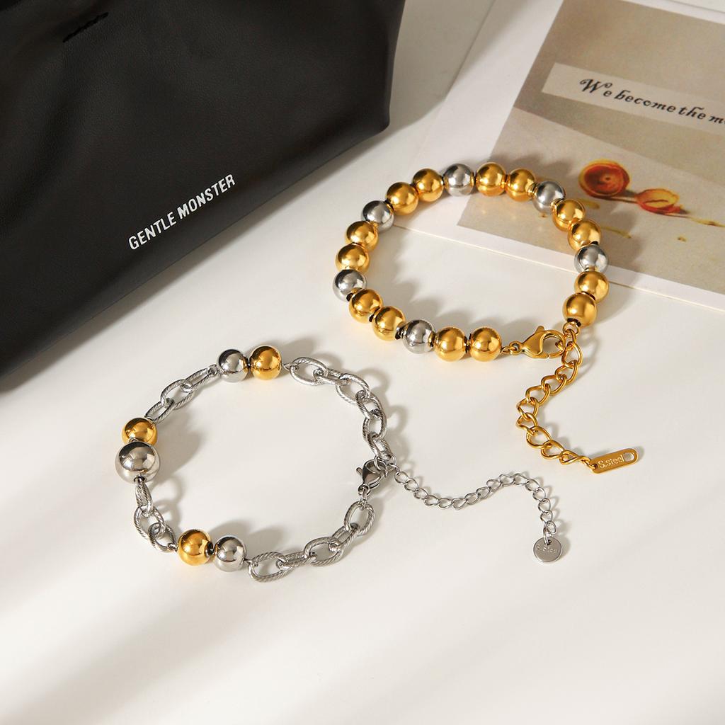 Gold and Silver Two-tone Stainless Steel Round Bead Bracelet for Women, Versatile Color-block Beaded Bangle