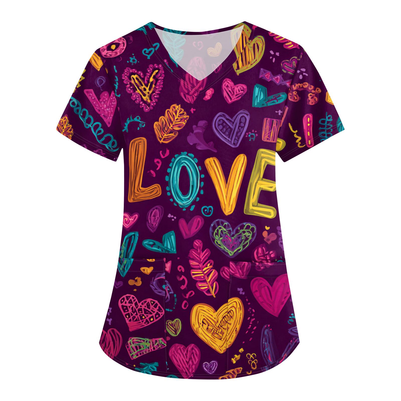 

Women s Valentine s Day Print Loose V-neck Pocket Short-sleeved Caregiver Uniform/ Uniform XL арбуз красный