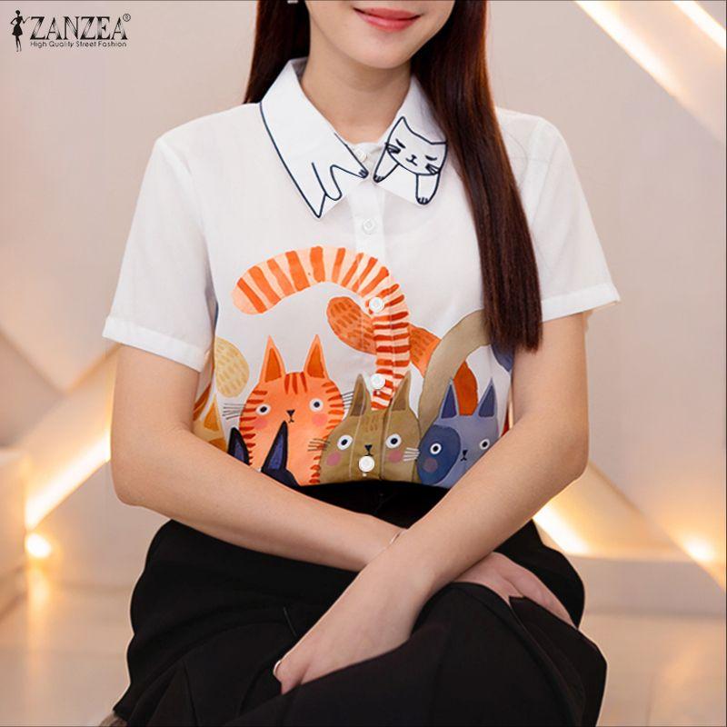 ZANZEA Women Casual Turn Down Collar Short Sleeve Loose Print Blouse