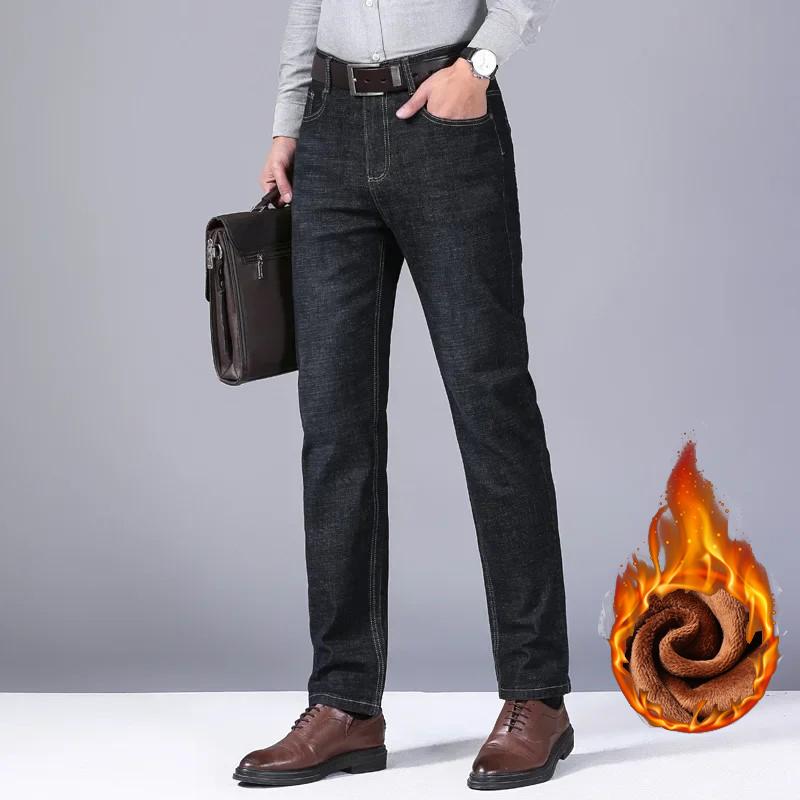Zima Ležérní Pánské Teplé fleecové džíny Klasický styl Business Hustá kožešina Regular Fit Denim Kalhoty Značka Plyšové kalhoty