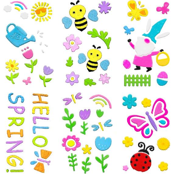 6 Sheets Spring Gel Window Clings,Hello Springs, Flowers, Butterfly Bees, Birds for Spring Decorations, Easter Window Clings Holiday Party