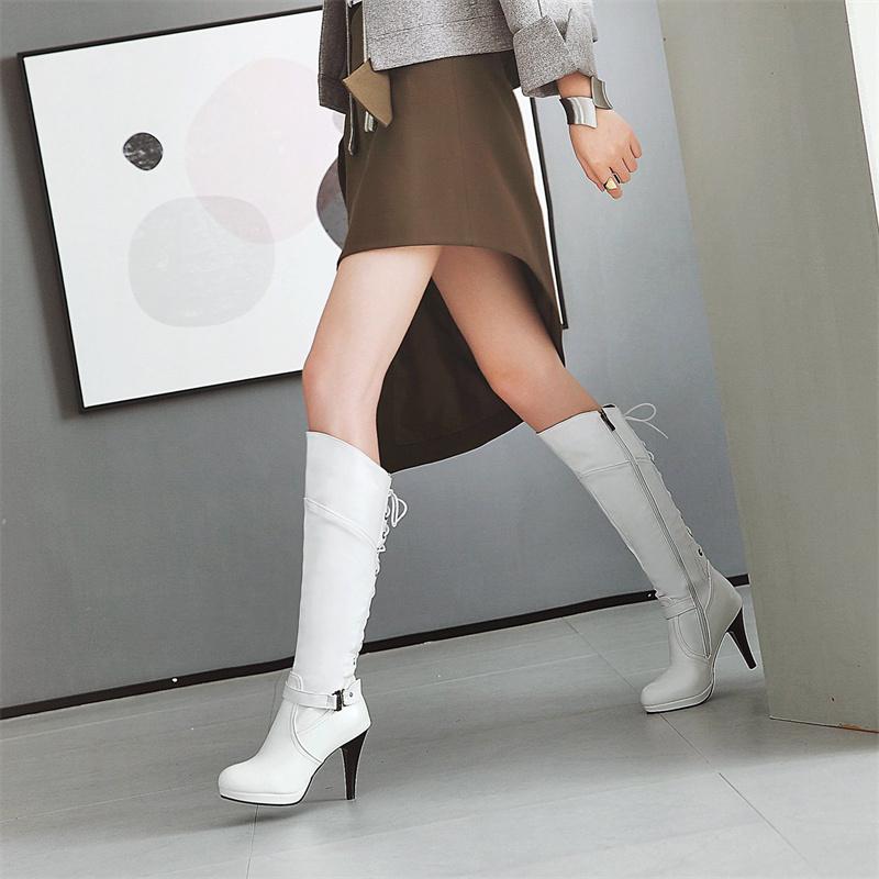 Winter Women Lace-up Platform Knee High Boots Red Black Spike Heel Round Toe Sexy Dress Party Lady Buckle Belt Zipper Long Boots