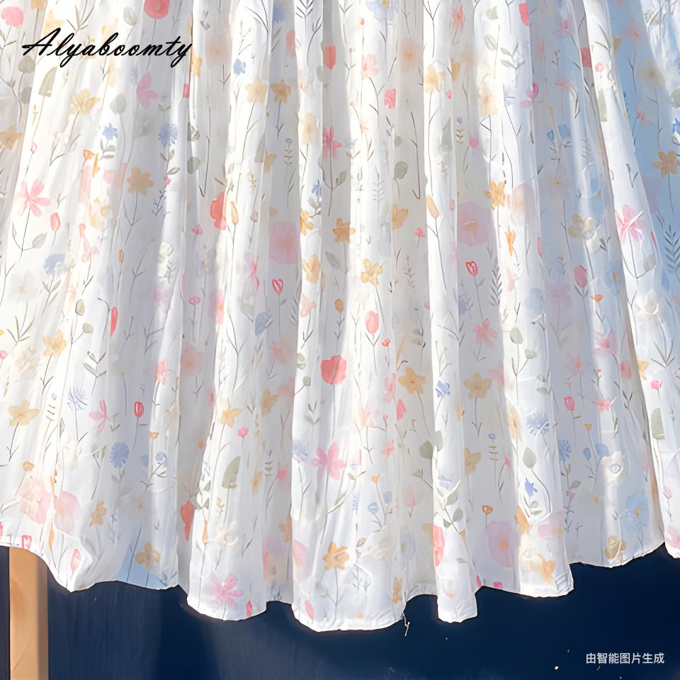 Japanese Mori Girl Spring Summer Women Midi Skirt Elastic Waist Colorful Floral Sweet Skirt Elegant Feminine Ladies' Pretty Skirt