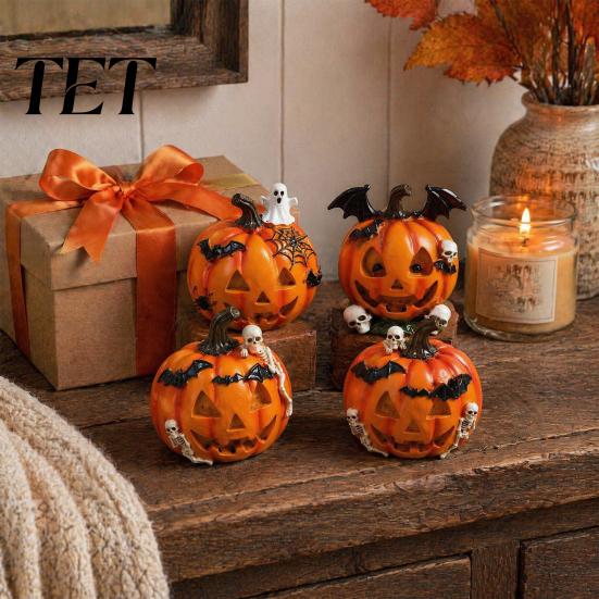 Handcrafted Halloween Props Pumpkin Ghost Bat Skull Figurine, Cute Resin Vivid Skeleton Figurines Tabletop Ornaments for Home Party Shelf Mantels