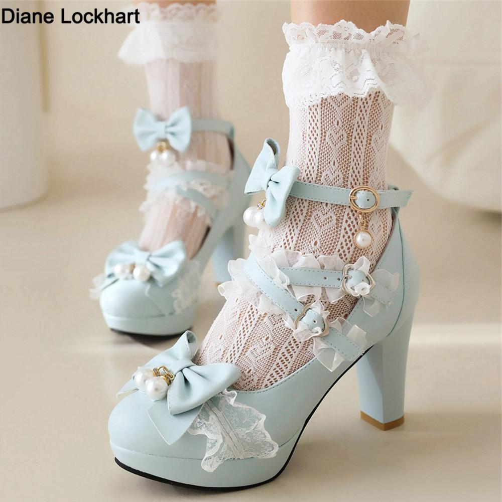 Womens Lolita Gothic Pumps High Heel Lace Cross Strap Bow Tie Bead Sweet Cosplay Party Shoes Round Toe Dress Footwear