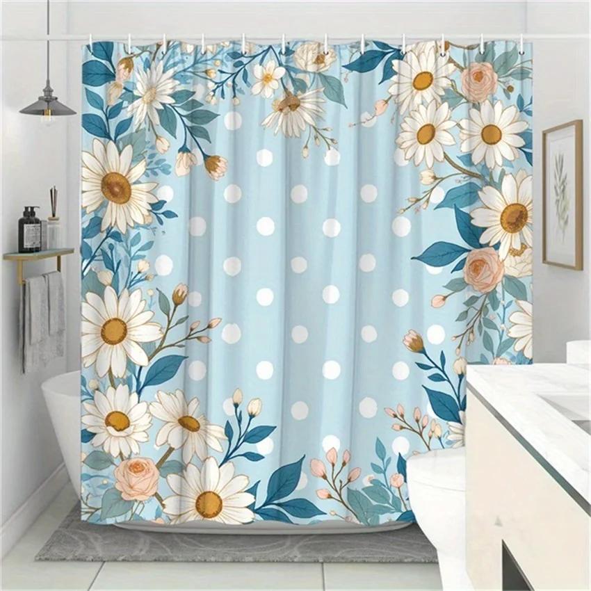 

1Pc Floral Shower Curtain - Pastel Blue, White Daisies & Roses, Vintage Style, 70.8X70.8 , 12 Hooks, Botanical Bathroom Decor W60H190(CM)-1 Pcs