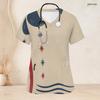 Women Plus Size Beige Printed Nurse Scrub Top V Neck Short Sleeve With Front Pockets